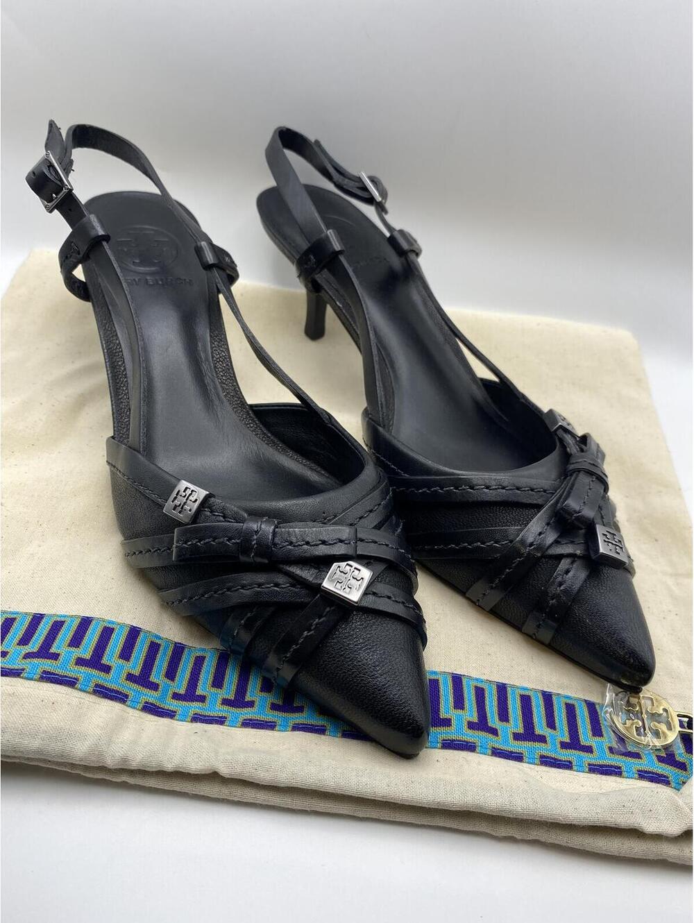 Tory Burch Black Leather Slingback Heels Size 7.5